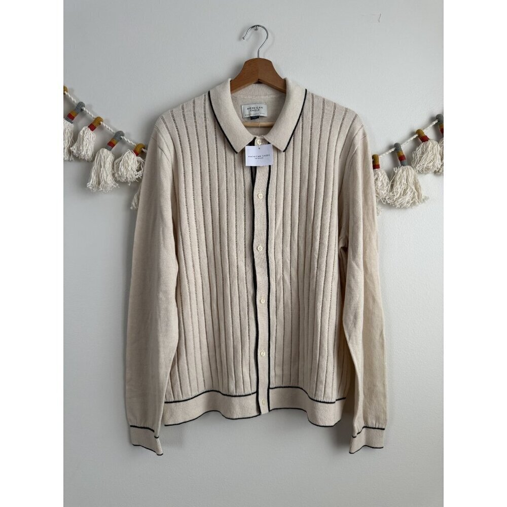 American Eagle Outfitters Cream Ribbed Button-Up Cardigan with Black Trim